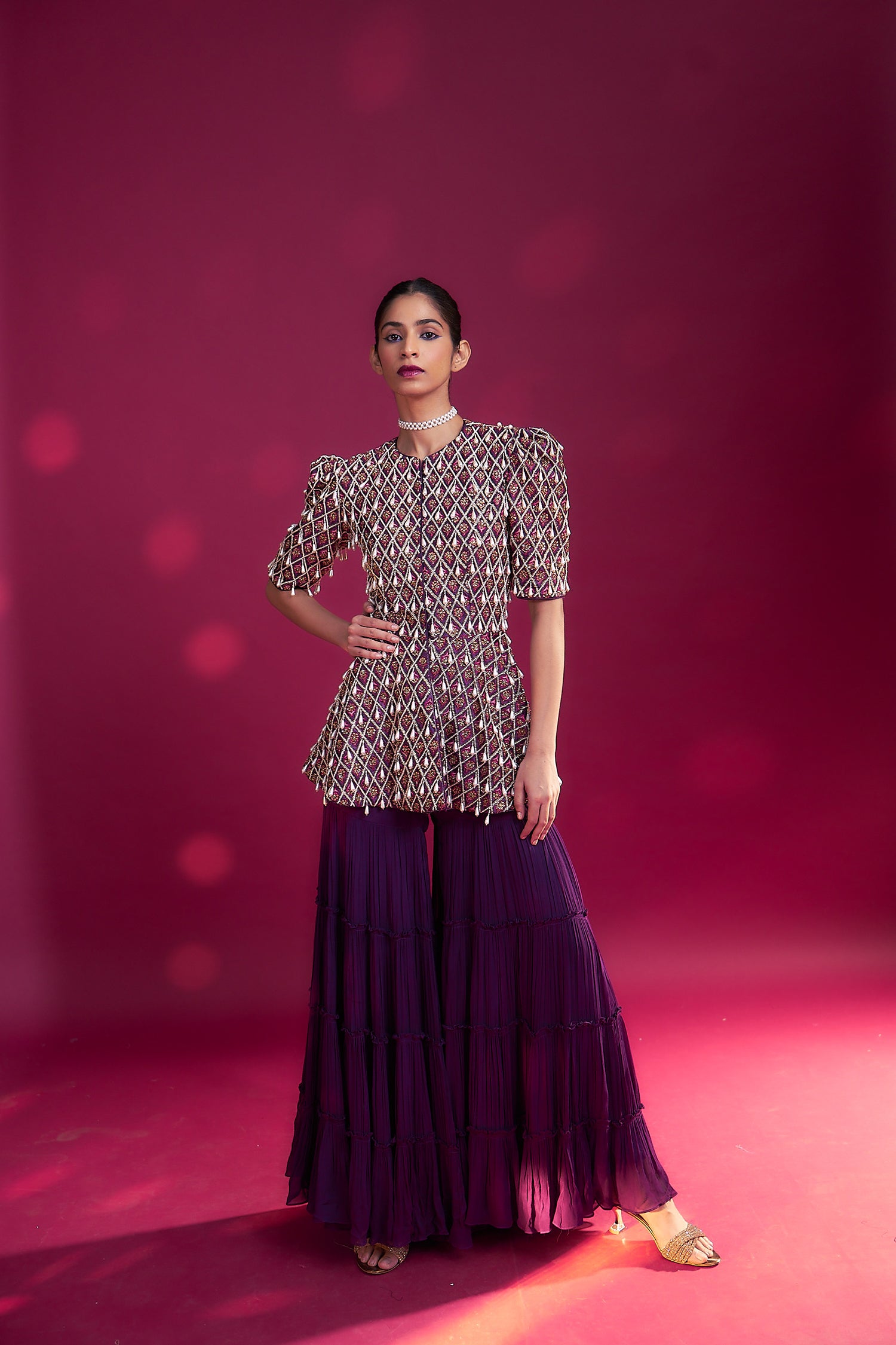 Purple Fully Embellished Ajrakh Peplum Top With Tiered Sharara Set