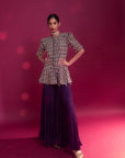 Purple Fully Embellished Ajrakh Peplum Top With Tiered Sharara Set