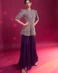 Purple Fully Embellished Ajrakh Peplum Top With Tiered Sharara Set