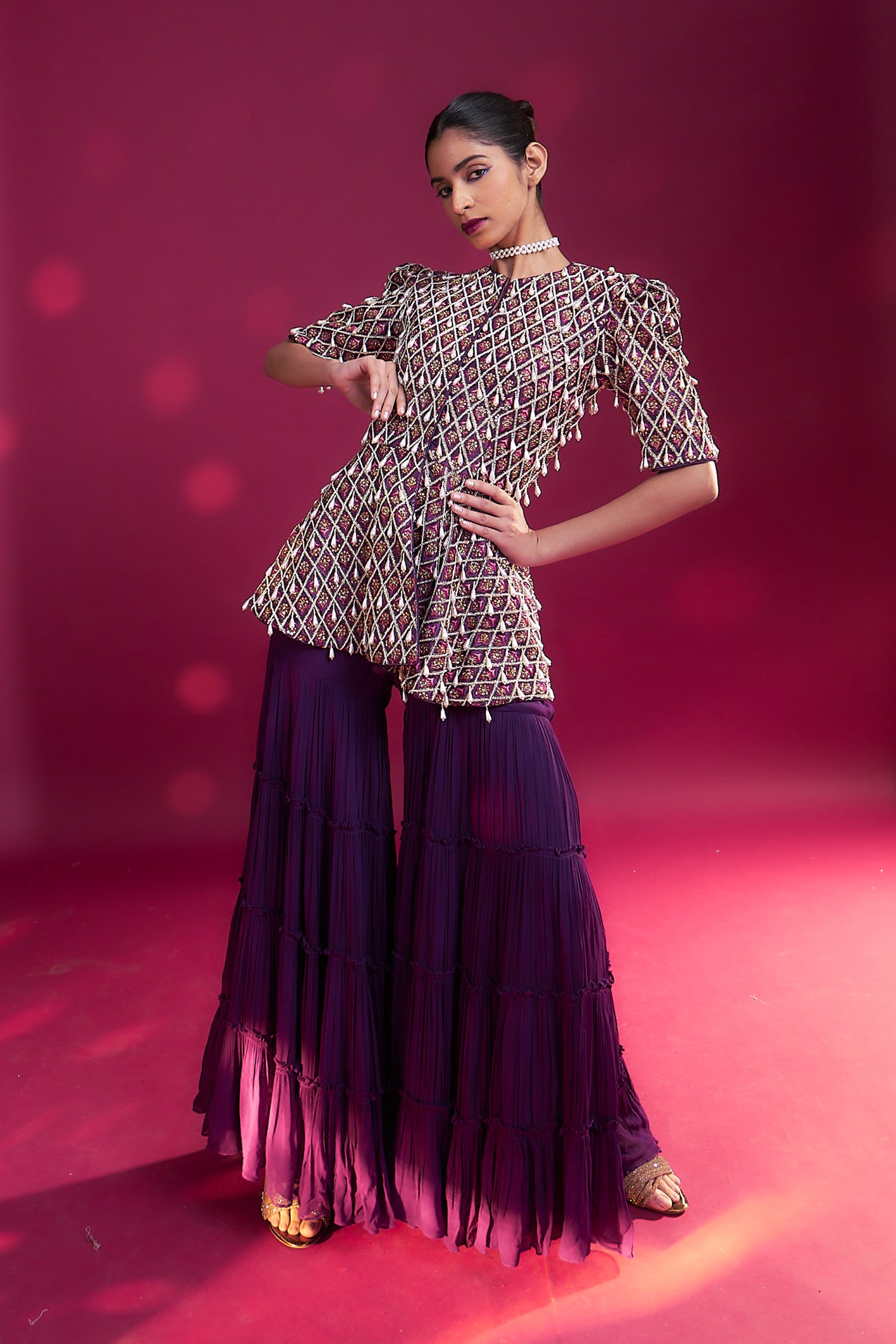 Purple Fully Embellished Ajrakh Peplum Top With Tiered Sharara Set