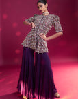 Purple Fully Embellished Ajrakh Peplum Top With Tiered Sharara Set