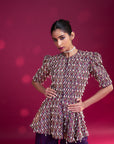 Purple Fully Embellished Ajrakh Peplum Top With Tiered Sharara Set