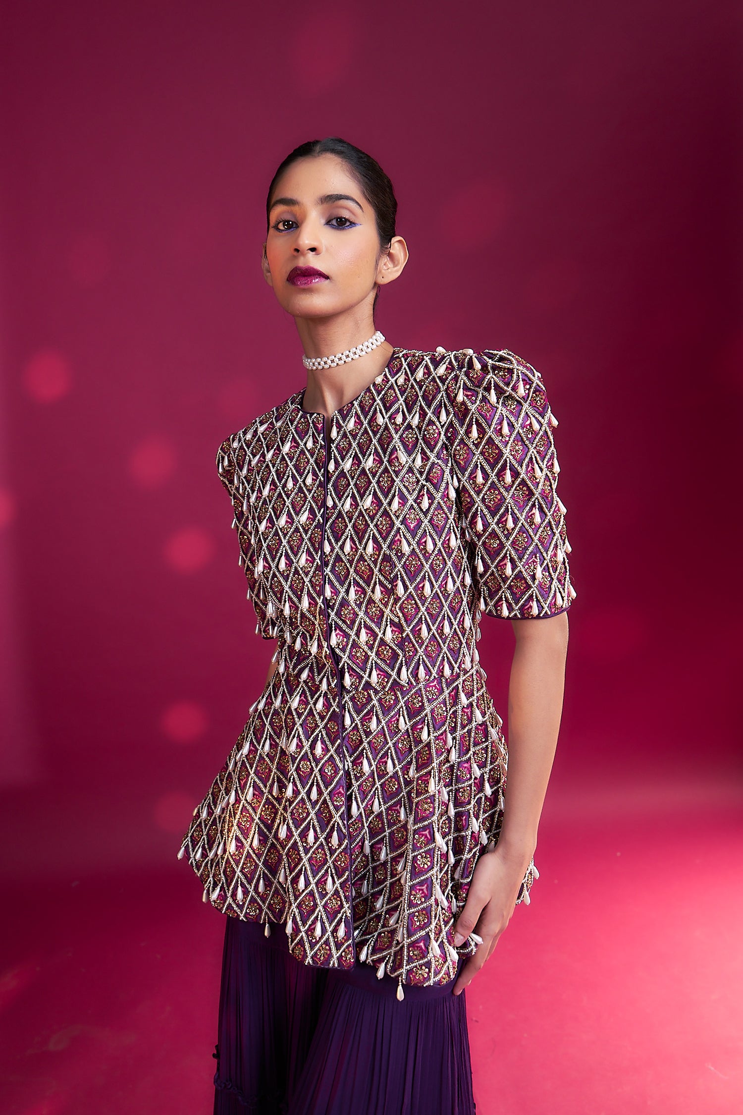 Purple Fully Embellished Ajrakh Peplum Top With Tiered Sharara Set