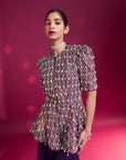 Purple Fully Embellished Ajrakh Peplum Top With Tiered Sharara Set