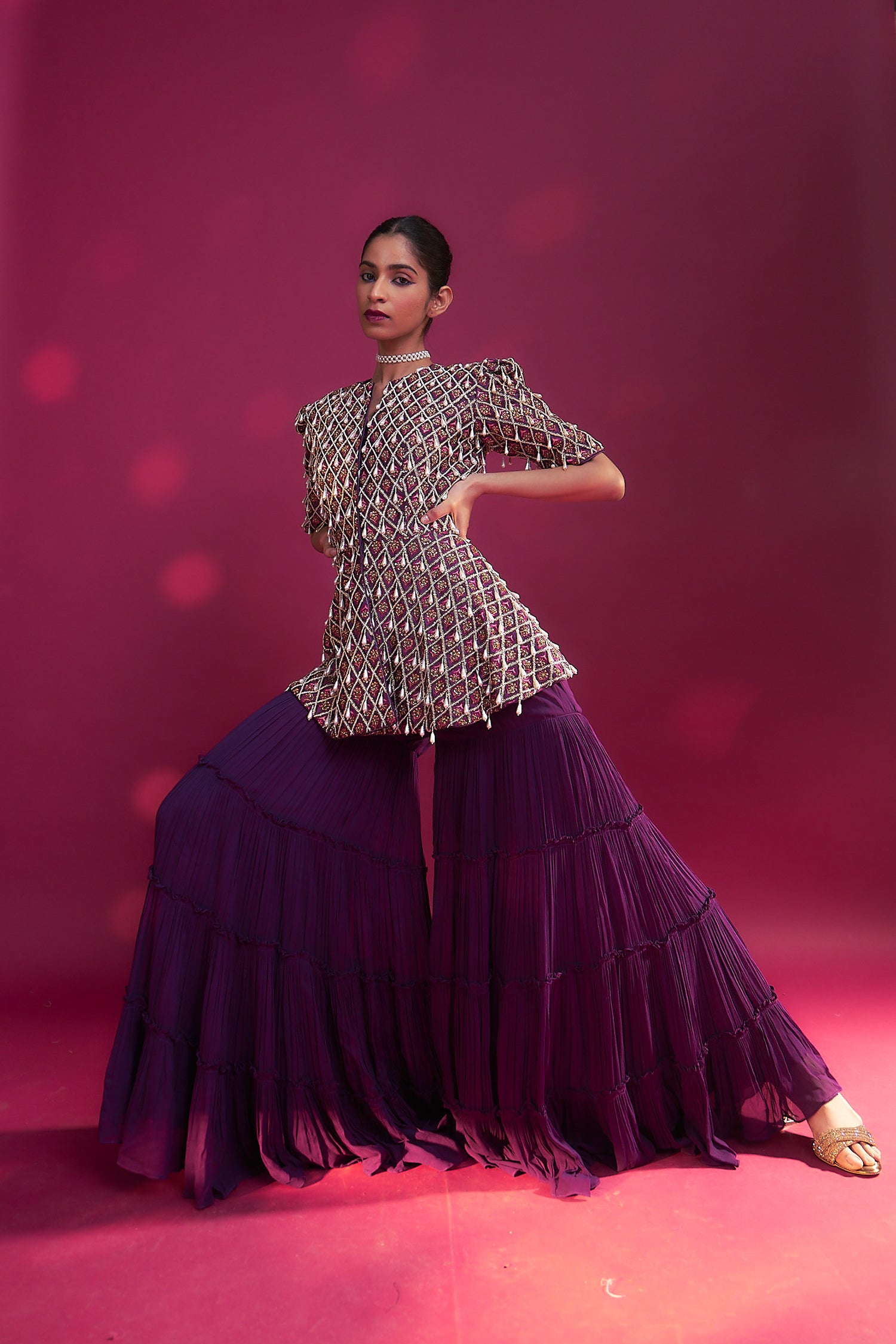Purple Fully Embellished Ajrakh Peplum Top With Tiered Sharara Set