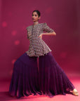 Purple Fully Embellished Ajrakh Peplum Top With Tiered Sharara Set