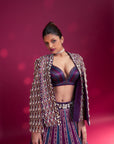 Dark Purple Embroidered Ajrakh Jacket With Bralette And Lehenga