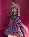 Dark Purple Embroidered Ajrakh Jacket With Bralette And Lehenga