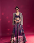 Dark Purple Embroidered Ajrakh Jacket With Bralette And Lehenga