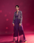 Dark Purple Deep V Neck Jumpsuit With Ajrakh Ebellished Jacket