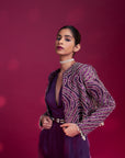 Dark Purple Deep V Neck Jumpsuit With Ajrakh Ebellished Jacket