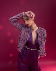 Dark Purple Deep V Neck Jumpsuit With Ajrakh Ebellished Jacket