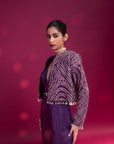 Dark Purple Deep V Neck Jumpsuit With Ajrakh Ebellished Jacket