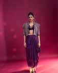 Dark Purple Ajrakh Embroidered Jacket With Bralette And Dhoti Skirt