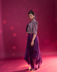 Dark Purple Ajrakh Embroidered Jacket With Bralette And Dhoti Skirt