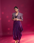 Dark Purple Ajrakh Embroidered Jacket With Bralette And Dhoti Skirt
