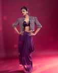 Dark Purple Ajrakh Embroidered Jacket With Bralette And Dhoti Skirt