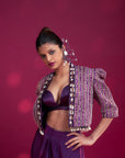 Dark Purple Ajrakh Embroidered Jacket With Bralette And Dhoti Skirt