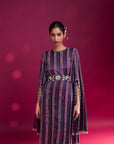 Dark Purple Heavily Stripworked Dress With Cape Sleeves