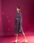 Dark Purple Heavily Stripworked Dress With Cape Sleeves