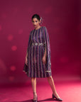 Dark Purple Heavily Stripworked Dress With Cape Sleeves