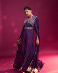 Purple Heavily Embellished Jumpsuit With Embroidered Cape Sleeves
