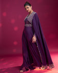 Purple Heavily Embellished Jumpsuit With Embroidered Cape Sleeves