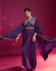 Purple Heavily Embellished Jumpsuit With Embroidered Cape Sleeves