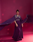 Purple Heavily Embellished Jumpsuit With Embroidered Cape Sleeves