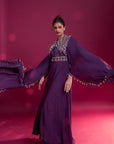 Purple Heavily Embellished Jumpsuit With Embroidered Cape Sleeves