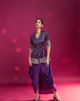 Dark Purple Ajrakh Patchworked Peplum Jacket With Drape Dhoti Skirt