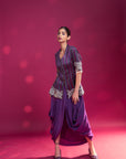 Dark Purple Ajrakh Patchworked Peplum Jacket With Drape Dhoti Skirt