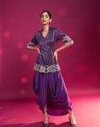 Dark Purple Ajrakh Patchworked Peplum Jacket With Drape Dhoti Skirt