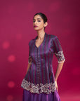Dark Purple Ajrakh Patchworked Peplum Jacket With Drape Dhoti Skirt