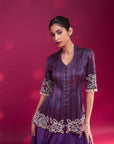 Dark Purple Ajrakh Patchworked Peplum Jacket With Drape Dhoti Skirt