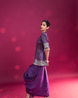 Dark Purple Ajrakh Patchworked Peplum Jacket With Drape Dhoti Skirt