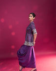 Dark Purple Ajrakh Patchworked Peplum Jacket With Drape Dhoti Skirt