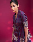Dark Purple Ajrakh Patchworked Peplum Jacket With Drape Dhoti Skirt