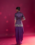 Dark Purple Ajrakh Patchworked Peplum Jacket With Drape Dhoti Skirt