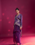 Dark Purple Embroidered Angarkha Jacket With Drape Dhoti Skirt