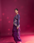 Dark Purple Embroidered Angarkha Jacket With Drape Dhoti Skirt