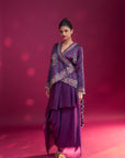 Dark Purple Embroidered Angarkha Jacket With Drape Dhoti Skirt