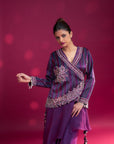 Dark Purple Embroidered Angarkha Jacket With Drape Dhoti Skirt
