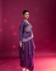 Dark Purple Embroidered Angarkha Jacket With Drape Dhoti Skirt