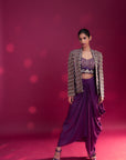 Dark Purple Fully Embroidered Ajrakh Cape Jacket With Heavily Embellished Blouse And Drape Skirt