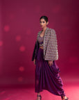 Dark Purple Fully Embroidered Ajrakh Cape Jacket With Heavily Embellished Blouse And Drape Skirt