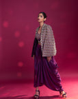 Dark Purple Fully Embroidered Ajrakh Cape Jacket With Heavily Embellished Blouse And Drape Skirt