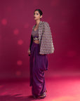 Dark Purple Fully Embroidered Ajrakh Cape Jacket With Heavily Embellished Blouse And Drape Skirt