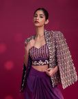 Dark Purple Fully Embroidered Ajrakh Cape Jacket With Heavily Embellished Blouse And Drape Skirt