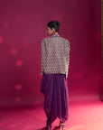 Dark Purple Fully Embroidered Ajrakh Cape Jacket With Heavily Embellished Blouse And Drape Skirt